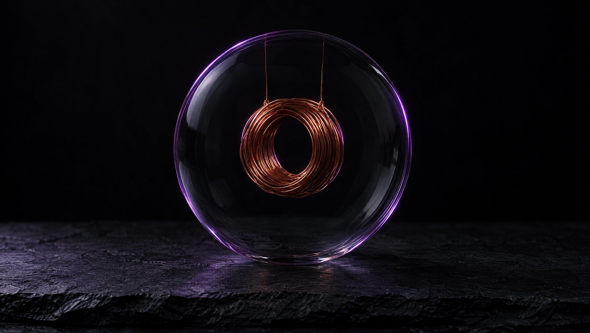 A coil of copper wire hanging inside a clear glass sphere on dark slate, the sphere outlined by a thin plum rim light.