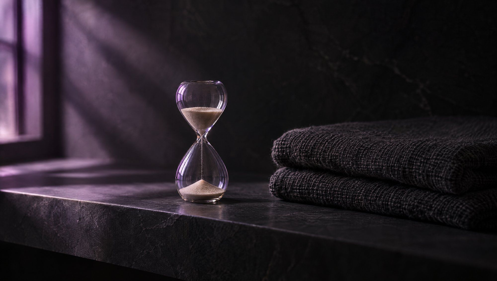 A small glass hourglass with pale sand on a dark stone shelf beside a folded charcoal linen towel, lit from the side by plum-colored window light.