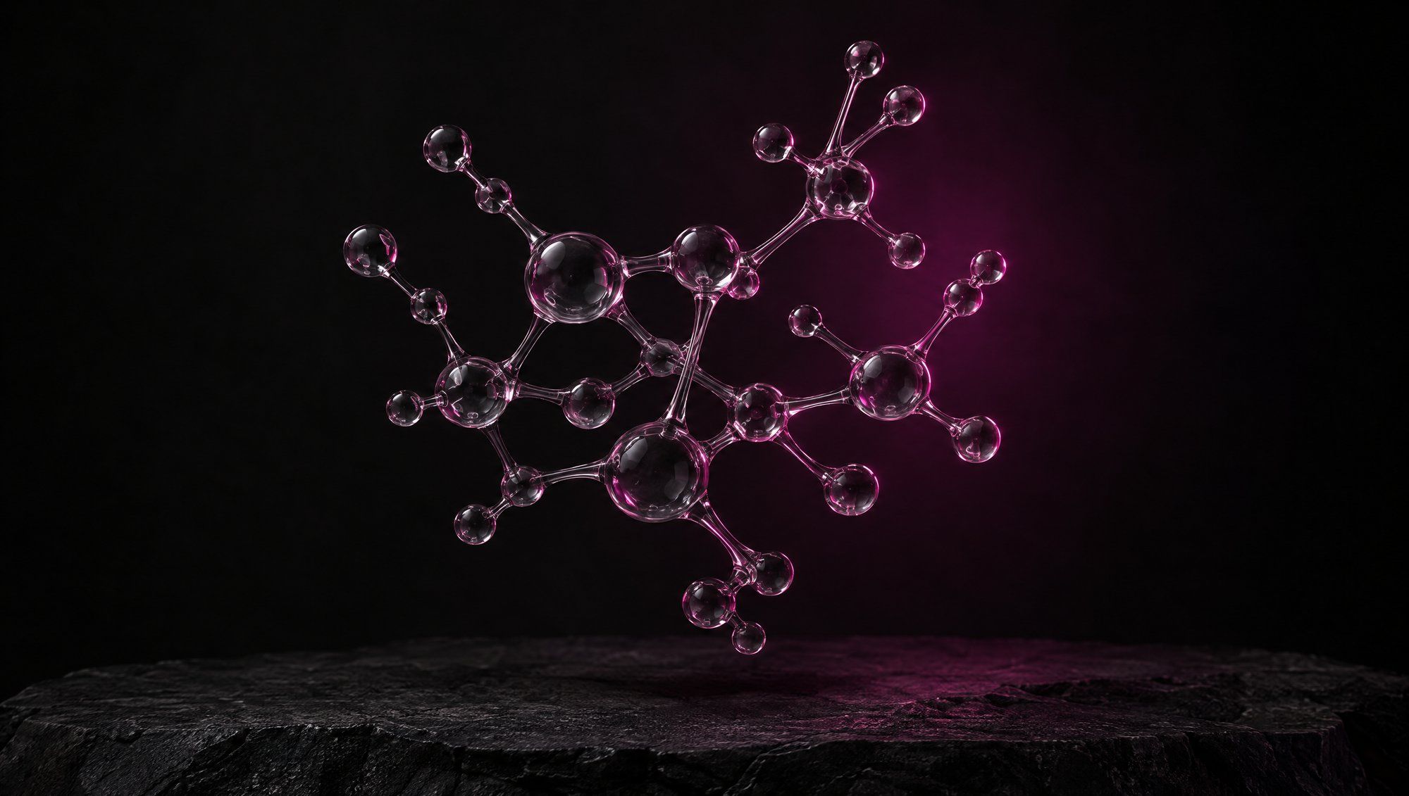A branching lattice of clear glass spheres joined by thin glass struts, floating above dark stone and rimmed in plum light.