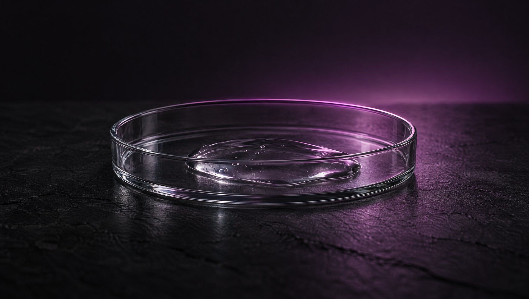 An empty glass petri dish holding a small pool of clear gel, on dark stone with a plum rim light.