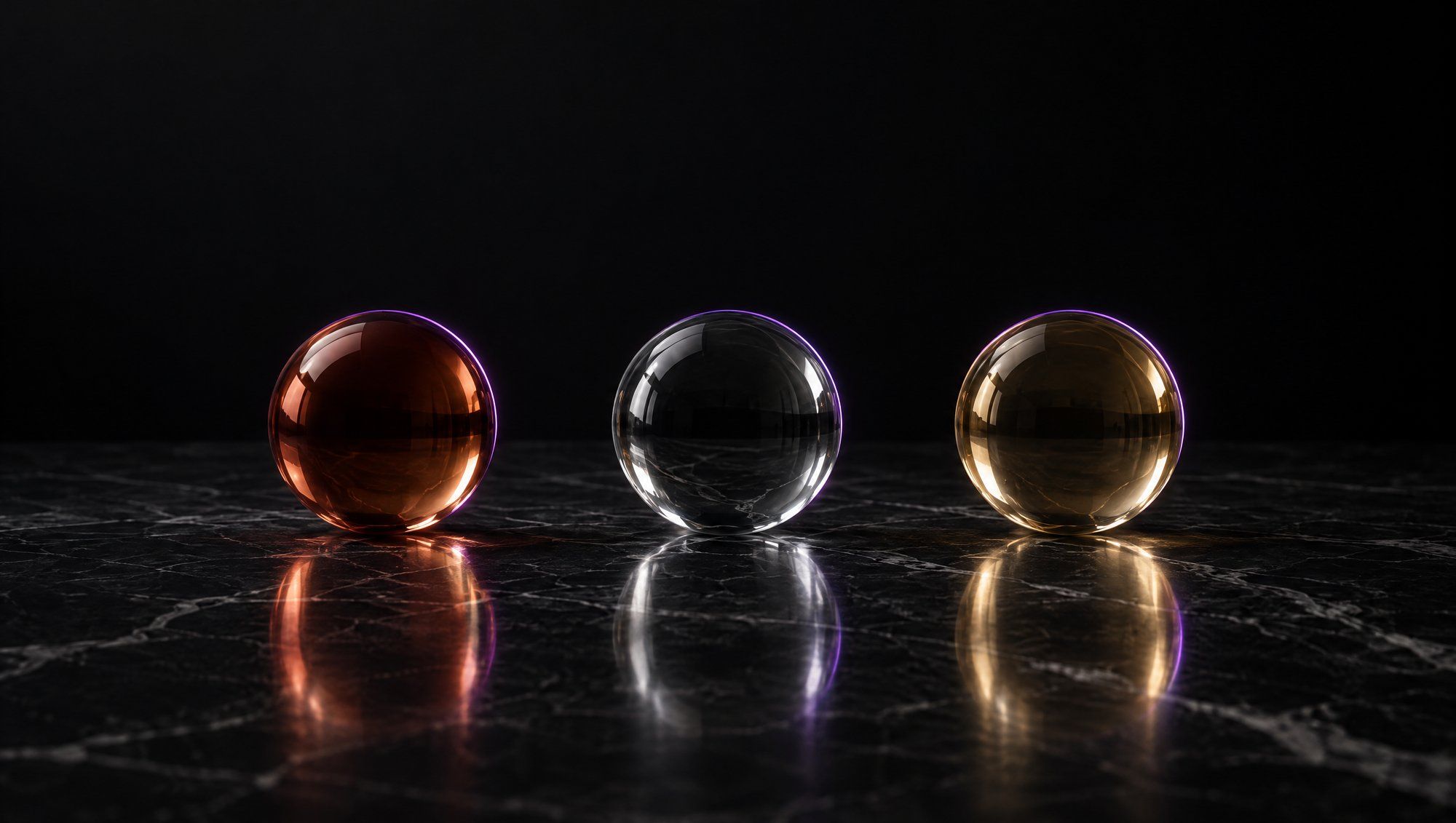 Three glass spheres in a row on dark marble, one copper-tinted, one clear and one pale amber, each outlined by a thin plum rim light.
