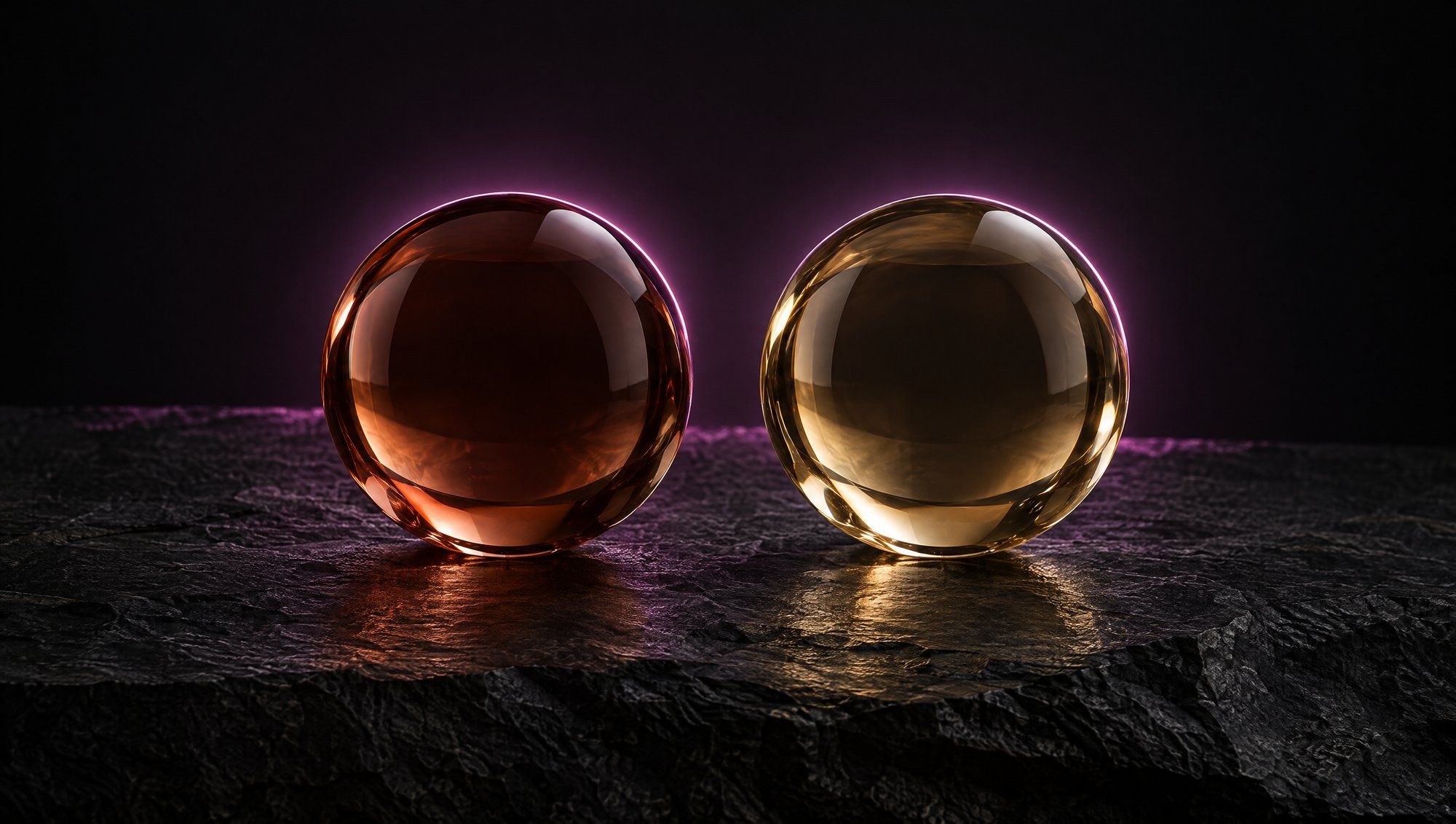 Two glass spheres side by side on dark stone, one copper-tinted and one pale amber, outlined by a plum rim light.