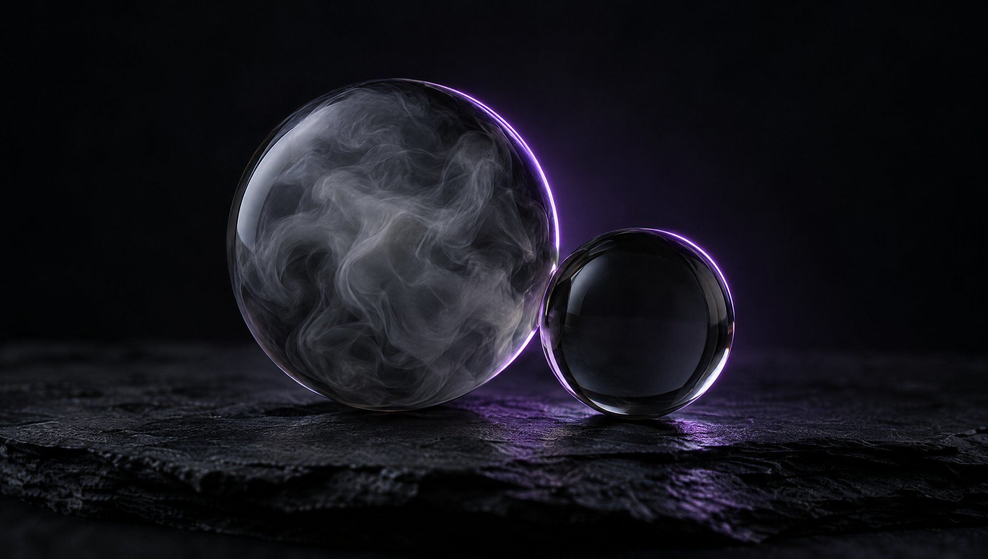 Two glass spheres of different sizes touching on dark slate, the larger one filled with grey smoke and the smaller one clear, outlined by a plum rim light.