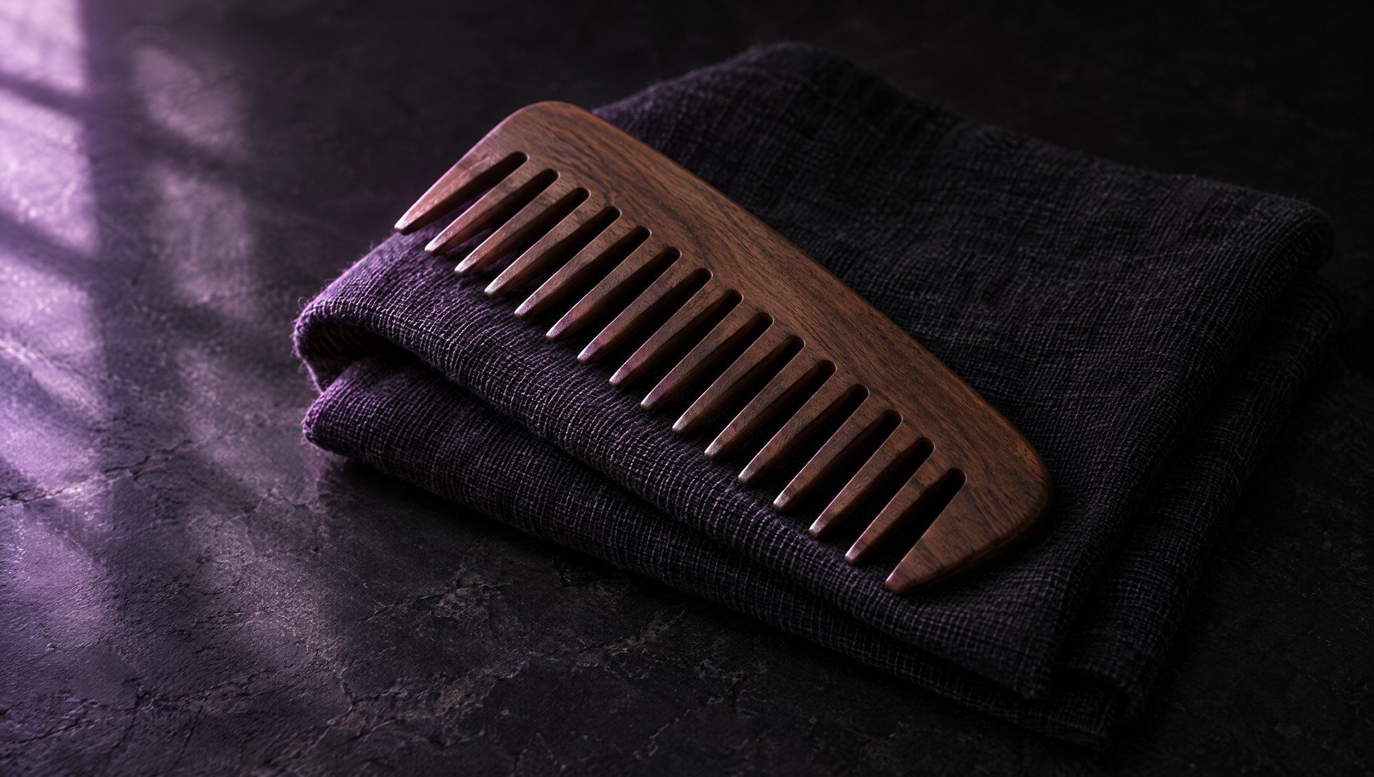 A wooden wide-tooth comb resting on a folded dark linen towel on dark stone, lit from the left by soft plum window light.